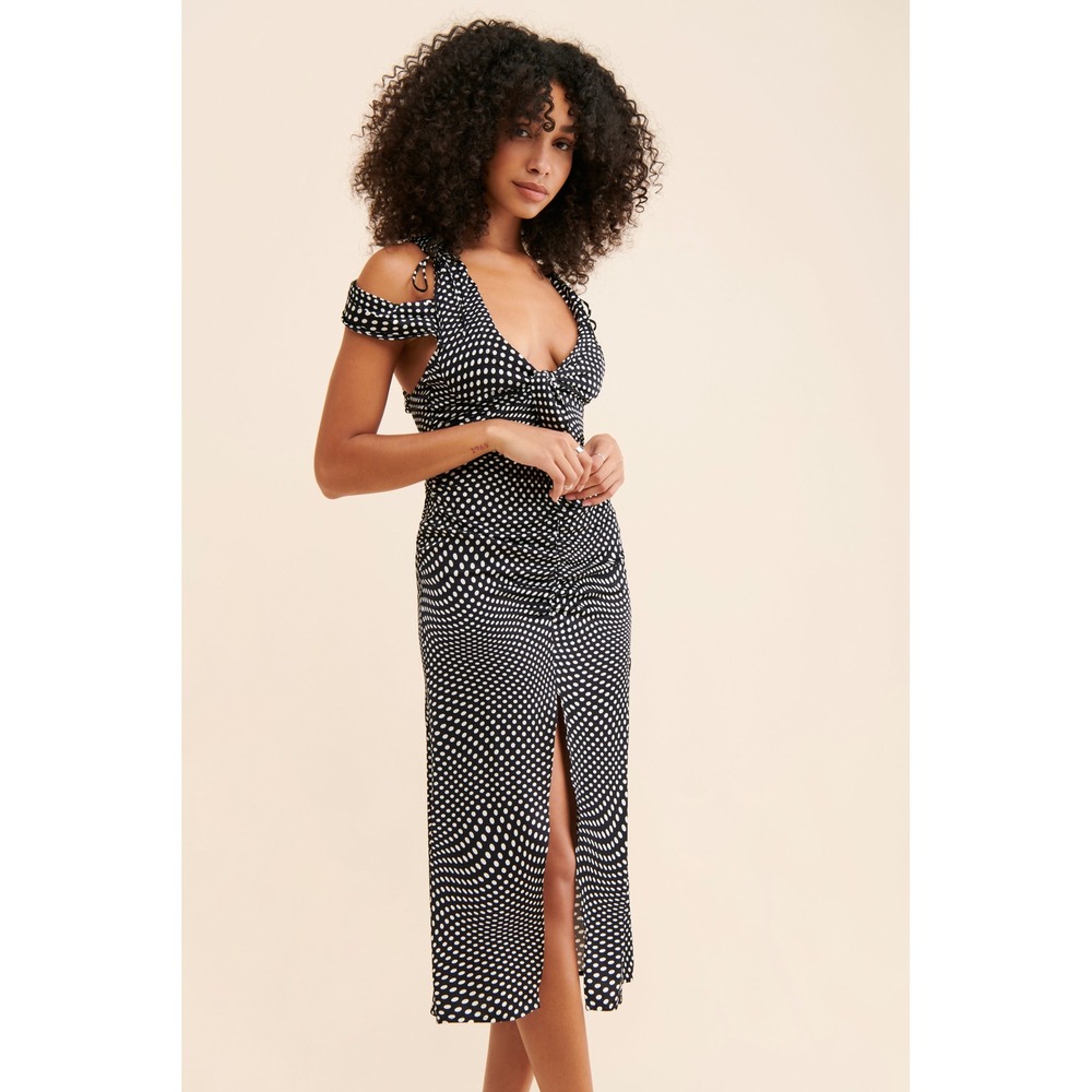 NWT For Love & Lemons Polka Dot Front Slit Beth Midi Dress Black Women's Size S